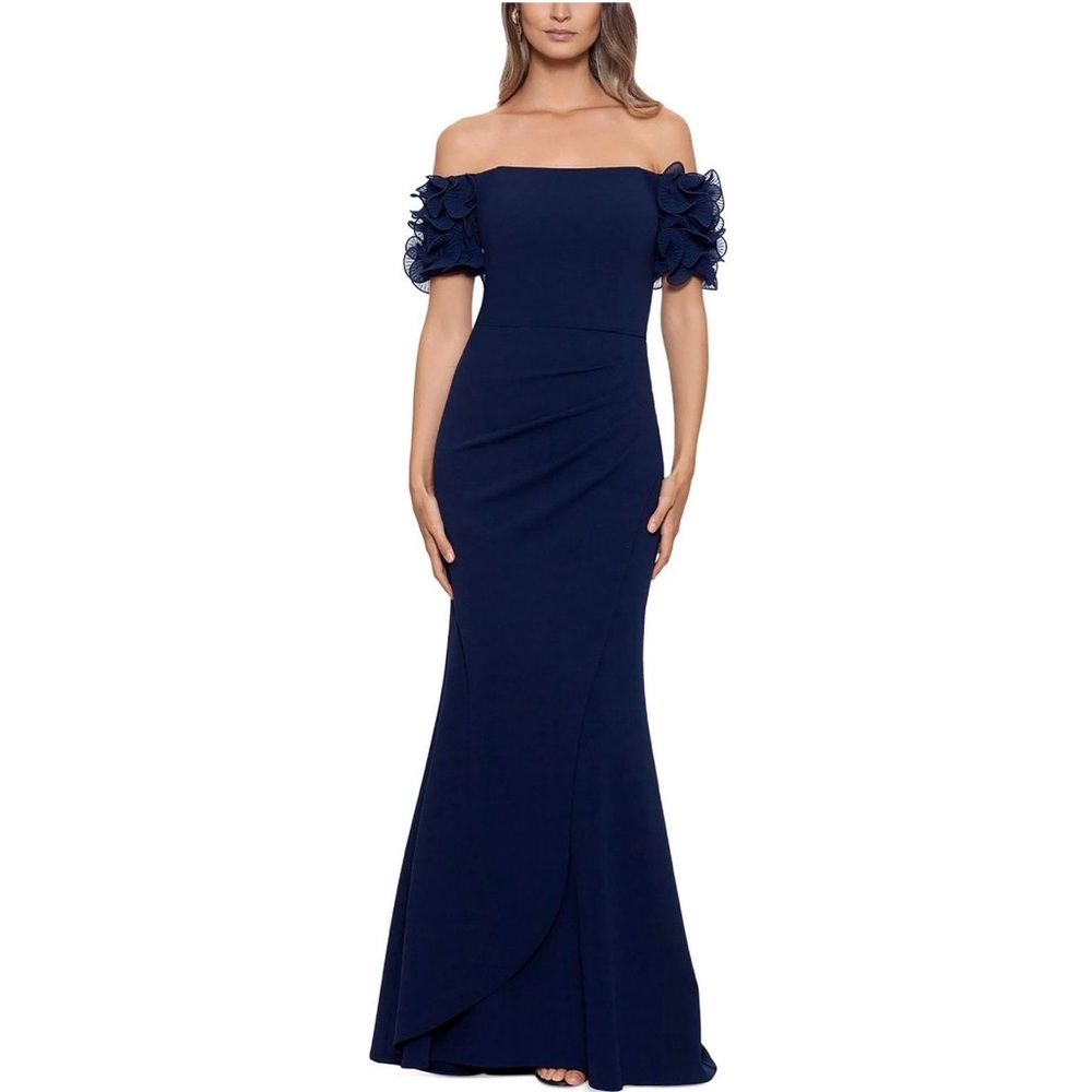 XSCAPE Ashlyn Off the Shoulder Scuba Gown Midnight Navy